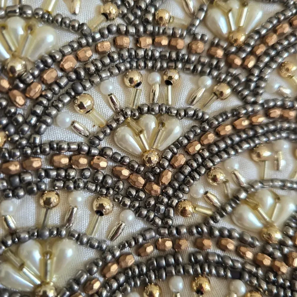 Pier 1 Imports Beaded Embellished Ornate Christmas Stocking Gold Silver White